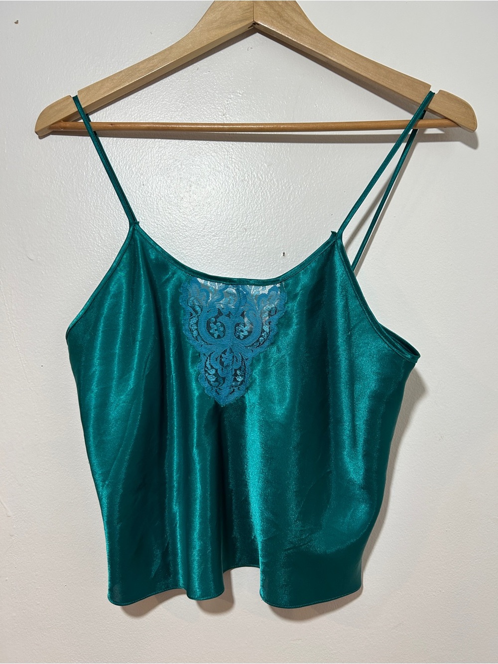 Vintage Jewel Green Satin Lace-Trim Cami Top Size S